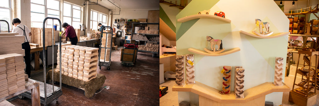 composite image of people working in the shop at Lapp's Toys and the finished product