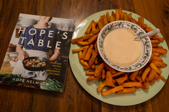Cookbook and sweet potato fries